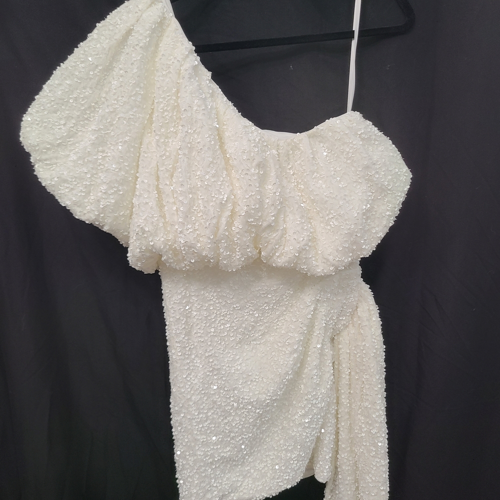 ASOS LUXE one shoulder asymmetric bubble draped mini dress white sequin Party